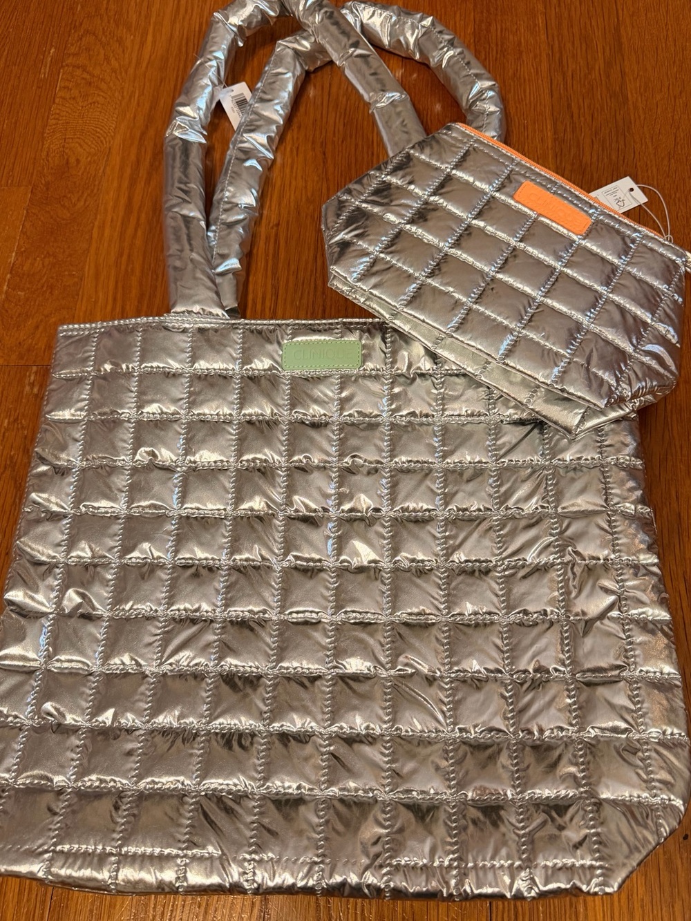 Clinique Large Quilted Metallic Tote with Matching Makeup Bag- Silver/Peach/Mint